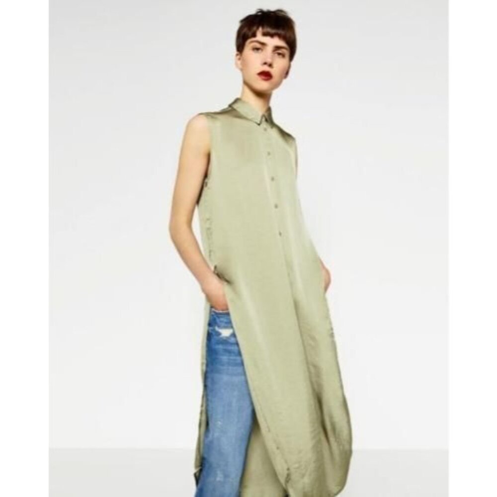 Zara Woman Olive Green Sleeveless Maxi Button-Down Shirt blouse tunic Floral